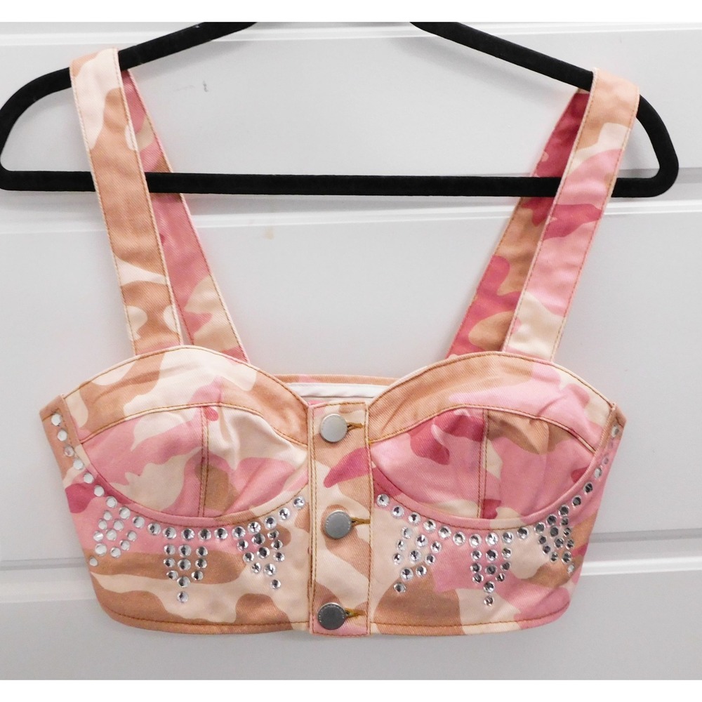 Alessandra Rich Crystal Pink Multi Camouflage Bustier Top Italy sz 44